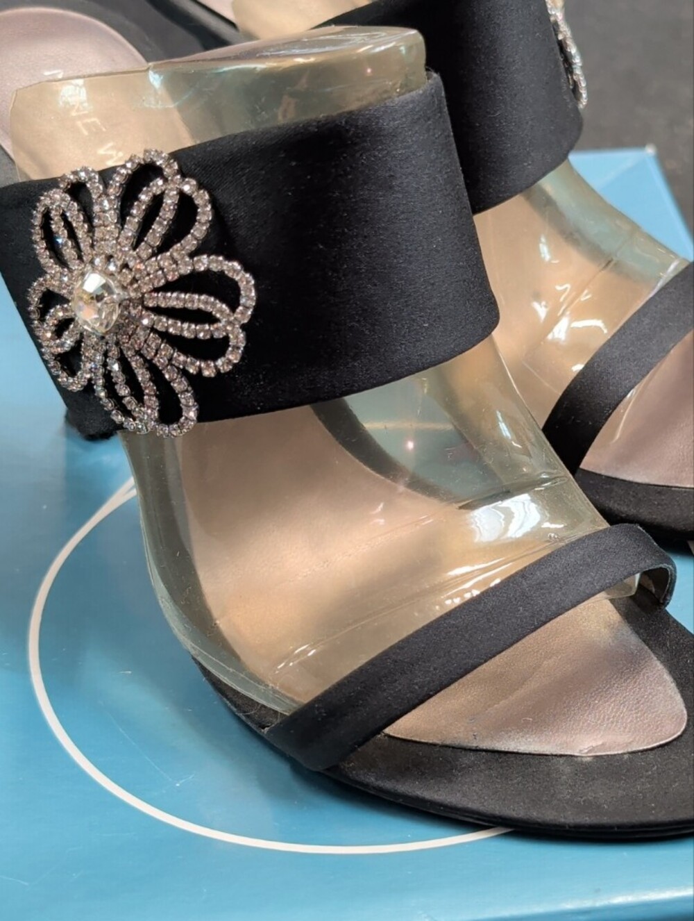 Nine West Black Satin Slide Sandal High Heels with Crystal Flower Accent